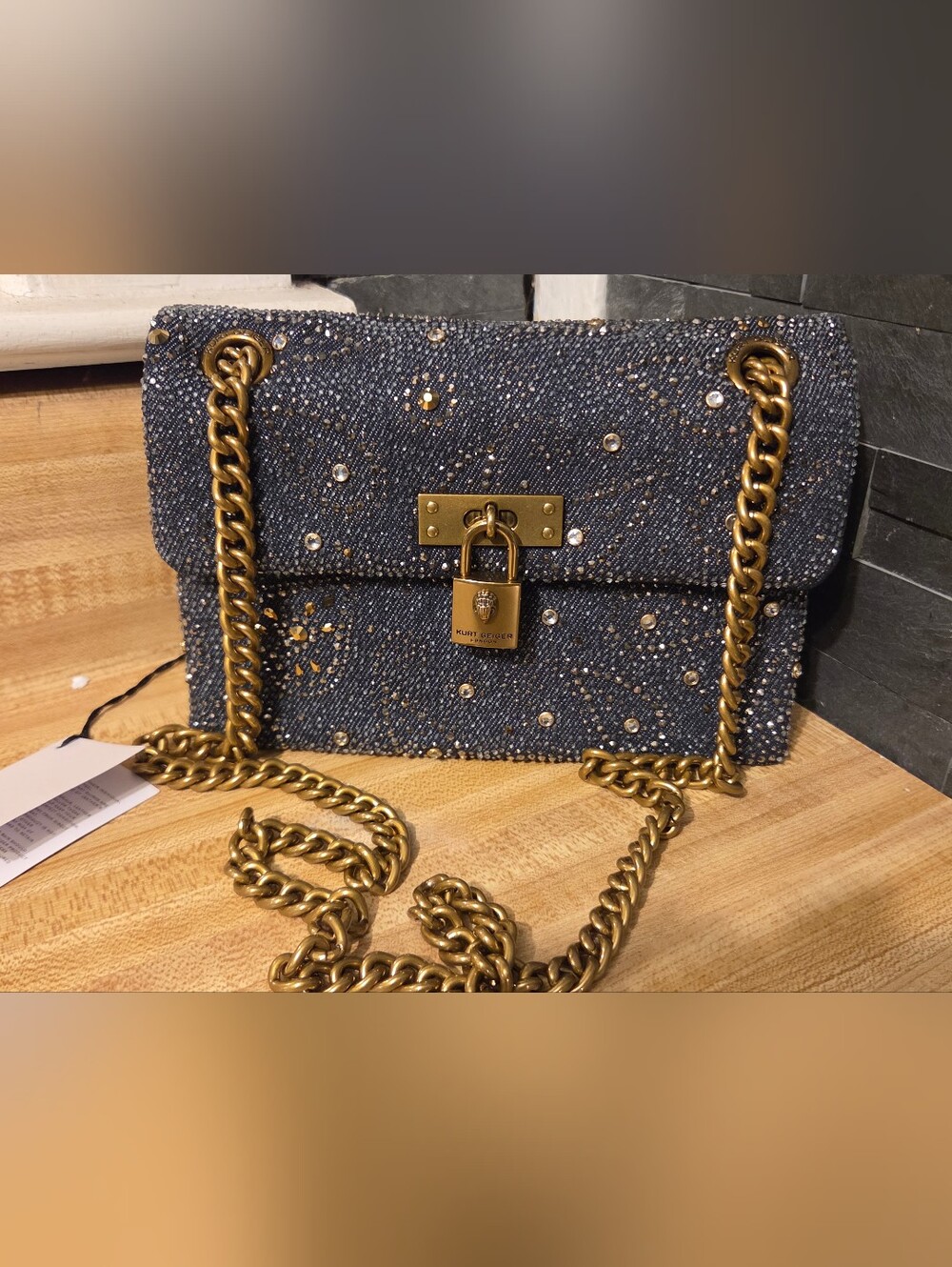 Kurt Geiger NWT Denim Paisley Rhinestone Brixton & Dustbag